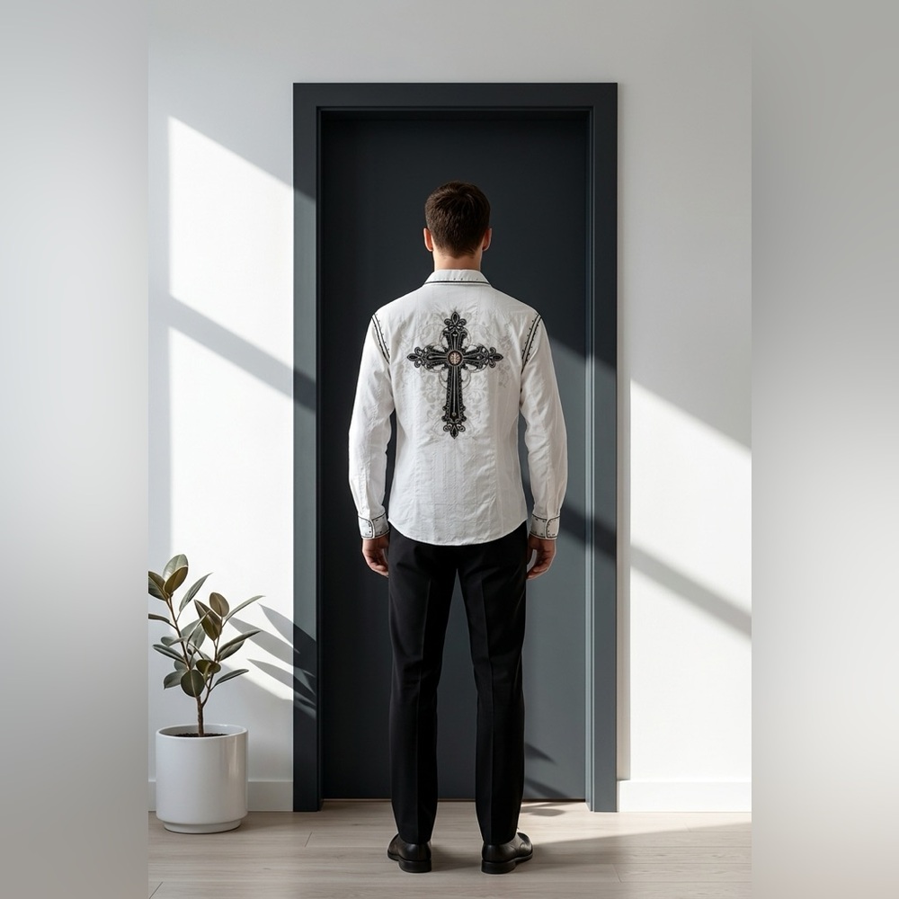 Vintage Godsend Gothic Western Cross Novelty Distressed Shirt White Mens Size L